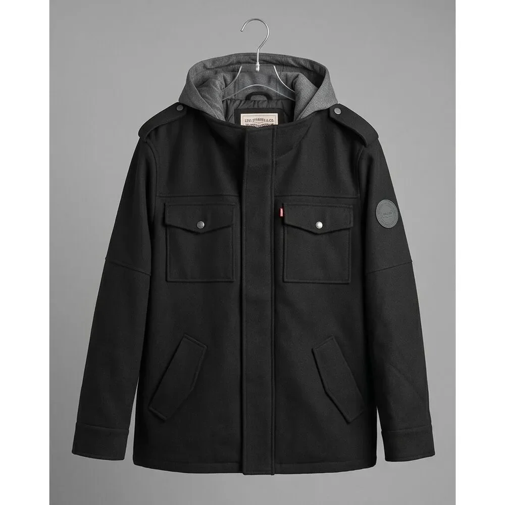 Levi's Men's Wool Blend Hooded Military Jacket Black Sz 3XL